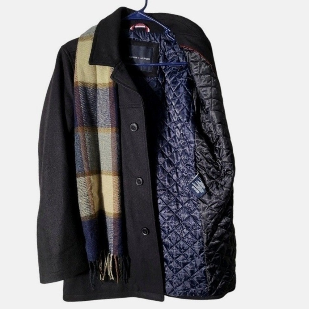 Tommy Hilfiger Mens Navy Blue Wool Blend Walker Coat with Plaid Scarf Size S - Picture 5 of 9